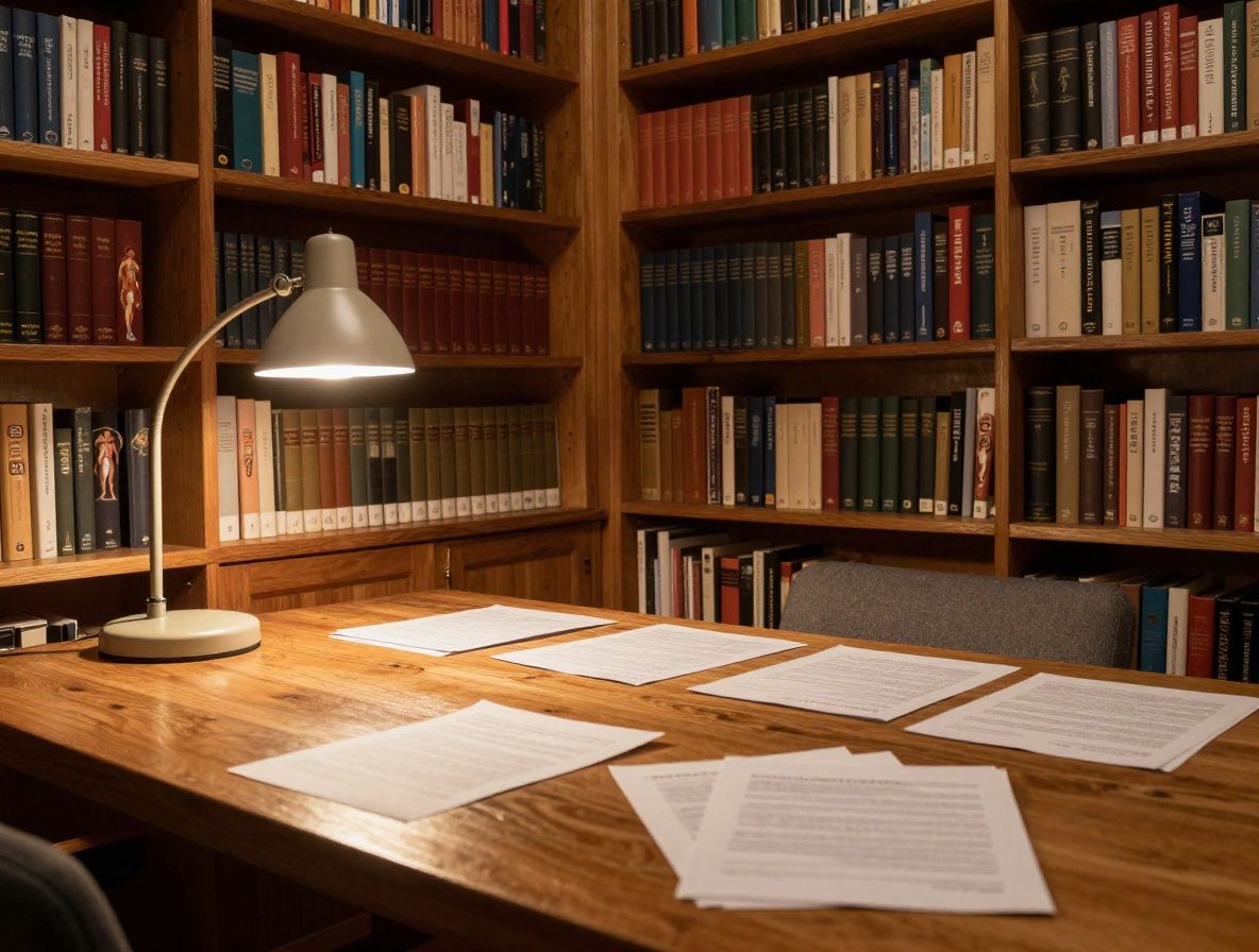 A quiet reading room with wooden bookshelves filled with anatomy and movement textbooks, warm desk lamp, papers spread on a large oak table, scholarly and calm atmosphere