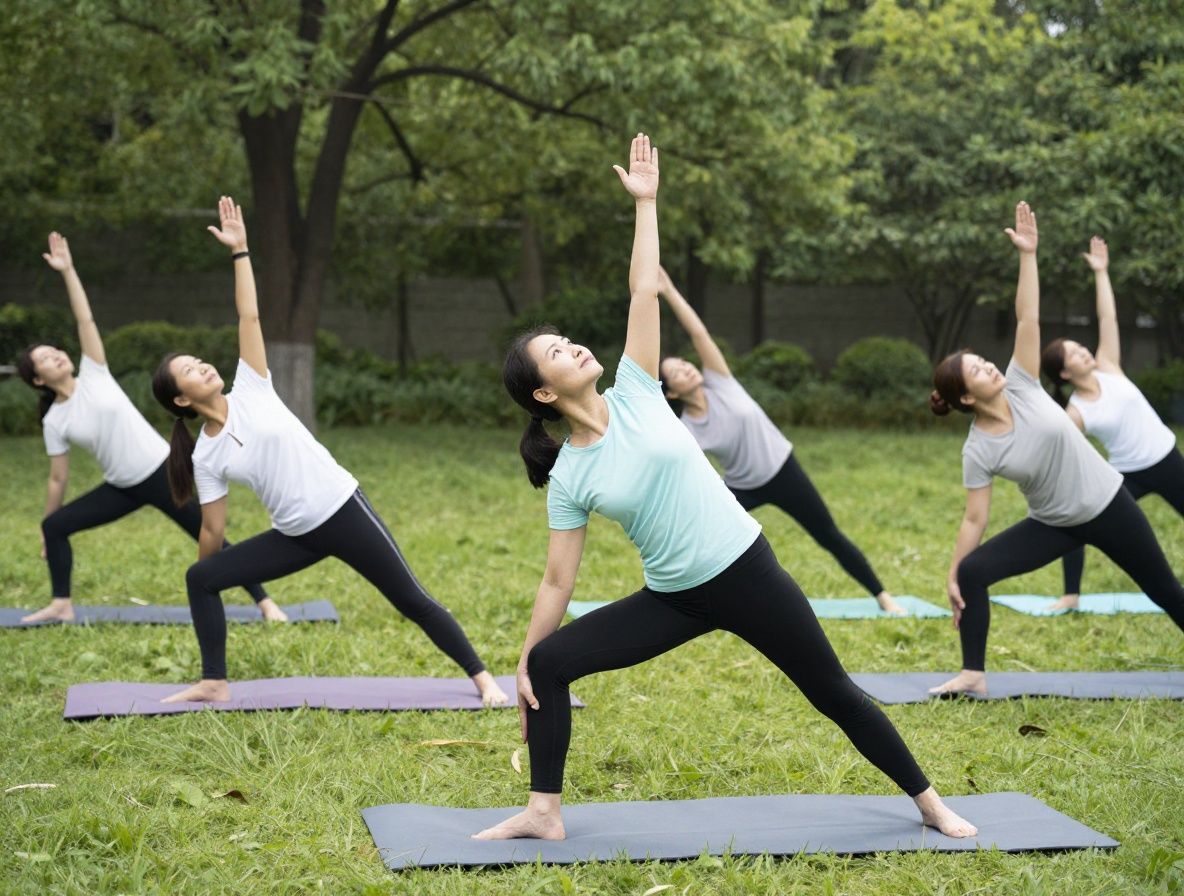 Group of adults of various ages participating in a gentle outdoor yoga class in a park, performing standing poses in natural morning light