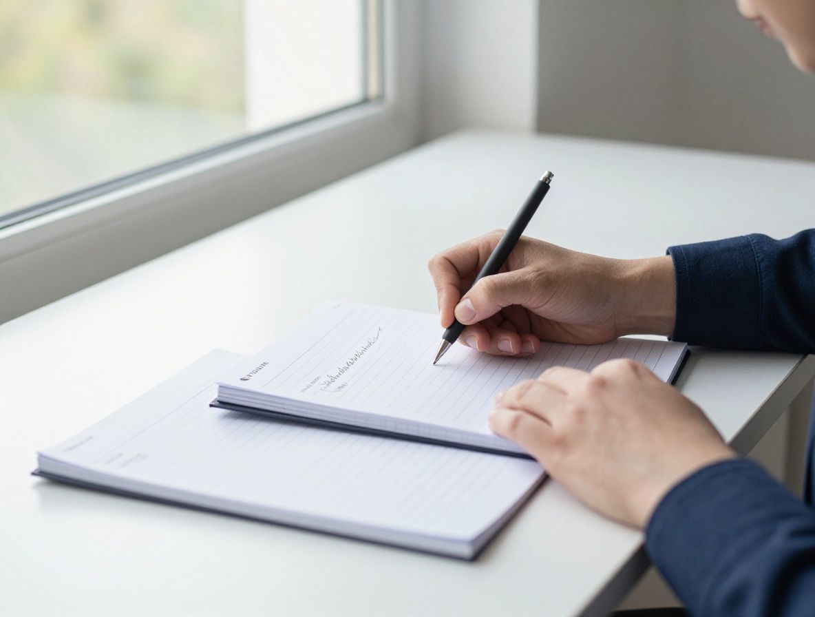 Open academic journals and notebooks spread across a clean desk, hands writing notes, natural daylight from a side window, scholarly and focused atmosphere